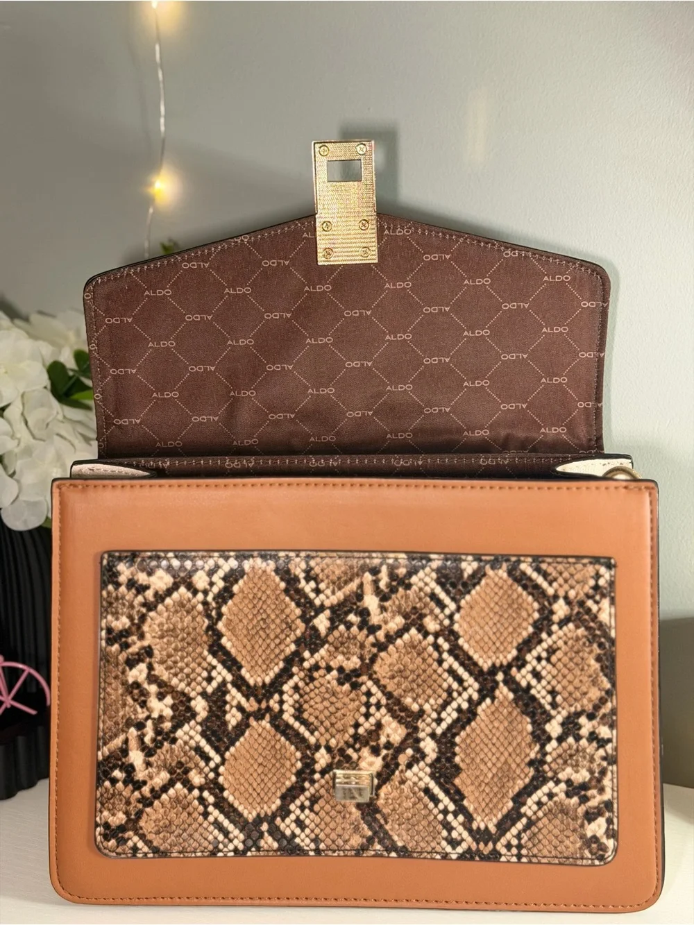 Aldo Brown Croc & Snake-Print Top-Handle Satchel with Scarf Accent